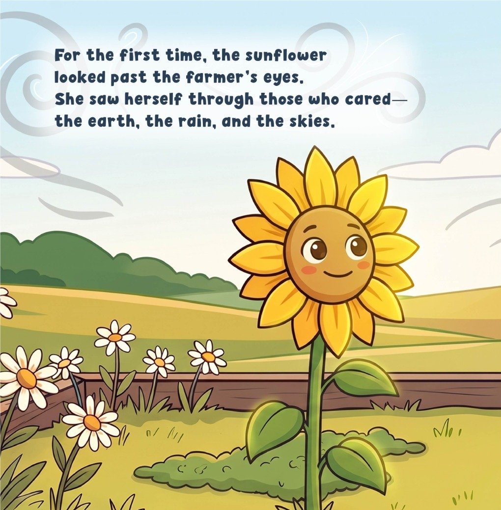 Sunflower in the illustrated meadow from the story